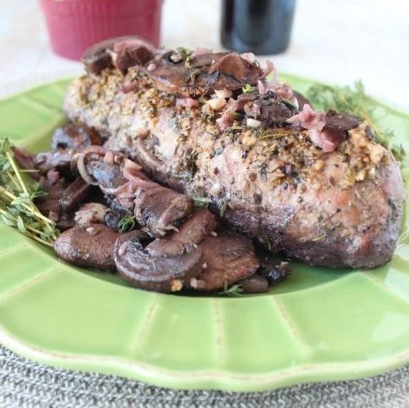 Herb Rubbed Pork Tenderloin in Red Wine Mushroom Sauce